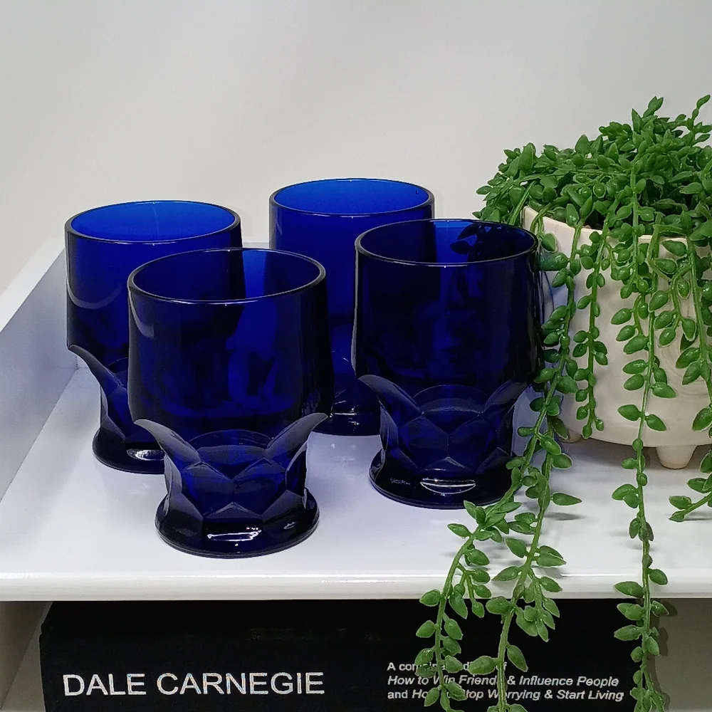 Set Of 4 Vintage Cobalt Blue Drinking Glasses